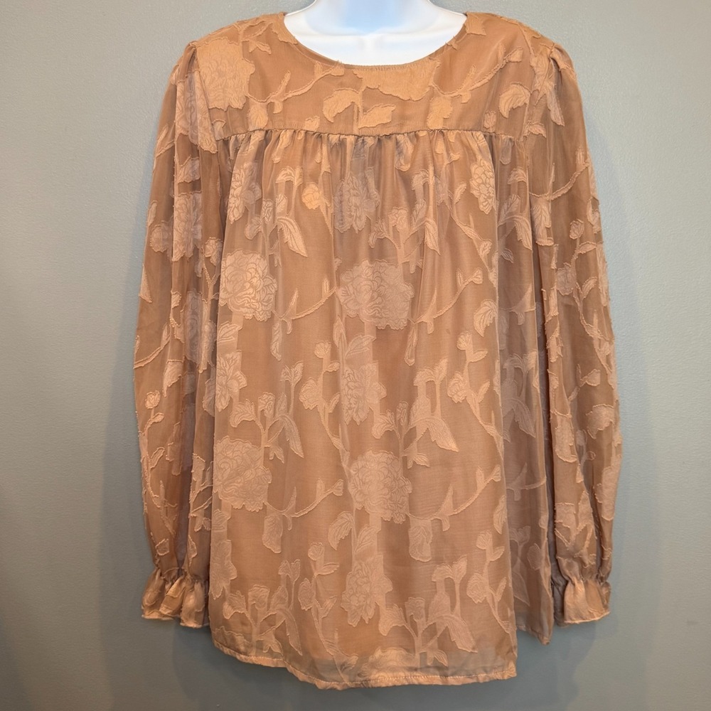 Funlingo Blush Pink Burnout Floral Blouse XL Sheer Long Sleeve Boho Romantic